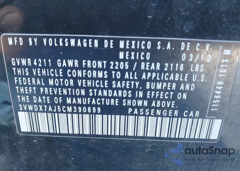 2012 Volkswagen Jetta 2.5L Se из США, поврежденный, VIN 3VWDX7AJ5CM390699